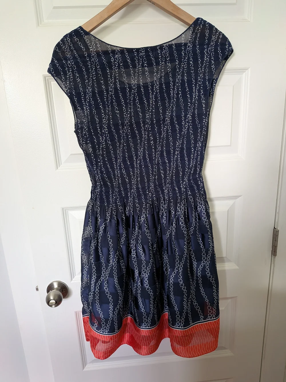 Navy Printed Cap-Sleeve Dress with Coral Hem - Picture 7 of 9